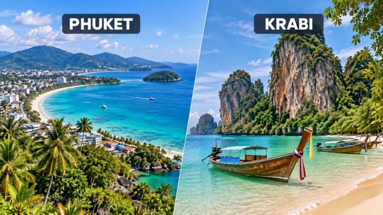 AI-assisted comparison image labeled Phuket and Krabi, showing Phuket coastline and Krabi limestone cliffs with longtail boats