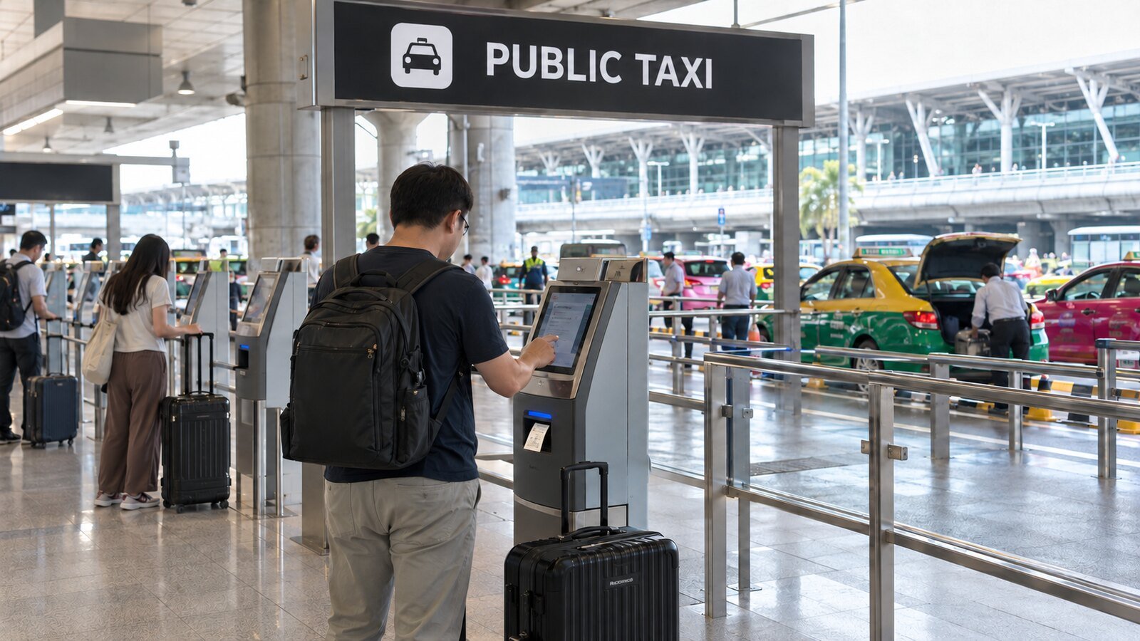 Illustration of a traveler using a public taxi ticket kiosk at Suvarnabhumi Airport