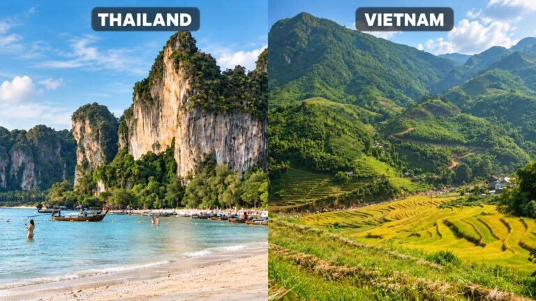 AI-assisted comparison montage labeled Thailand and Vietnam: beach with longtail boats and mountain rice terraces